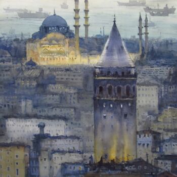 Peinture intitulée "Istanbul Evening" par Bhargavkumar Kulkarni, Œuvre d'art originale, Aquarelle