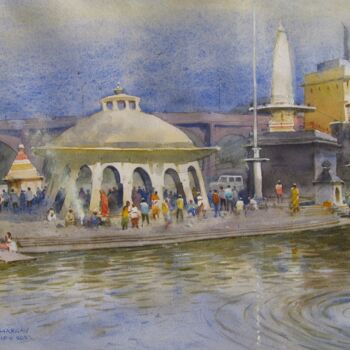 Painting titled "Godavari ghat" by Bhargavkumar Kulkarni, Original Artwork, Watercolor