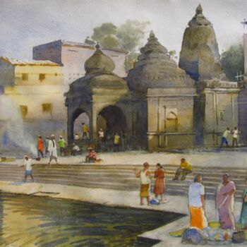 Schilderij getiteld "Serenity of Godawar…" door Bhargavkumar Kulkarni, Origineel Kunstwerk, Aquarel