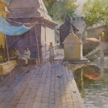 Schilderij getiteld "Morning at Godavari…" door Bhargavkumar Kulkarni, Origineel Kunstwerk, Aquarel
