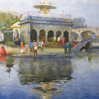 Pittura intitolato "Holy godavari ghat" da Bhargavkumar Kulkarni, Opera d'arte originale, Acquarello