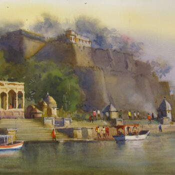 Peinture intitulée "Narmada Ghat" par Bhargavkumar Kulkarni, Œuvre d'art originale, Aquarelle