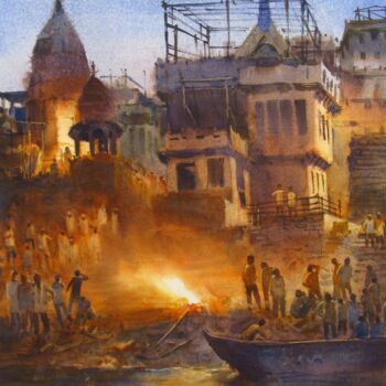 Картина под названием "Banaras Ghat" - Bhargavkumar Kulkarni, Подлинное произведение искусства, Акварель