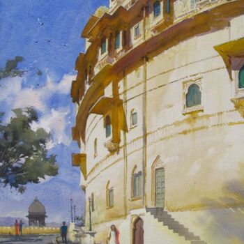 Pintura titulada "Udaipur Fort" por Bhargavkumar Kulkarni, Obra de arte original, Acuarela