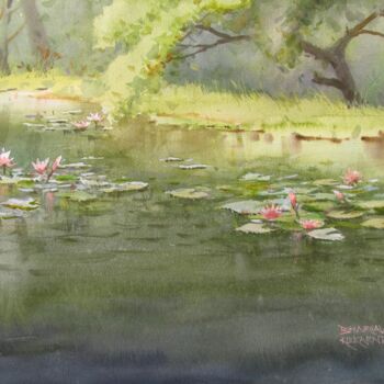 Картина под названием "Water lilies" - Bhargavkumar Kulkarni, Подлинное произведение искусства, Акварель