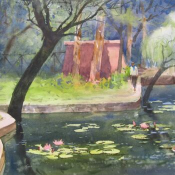 Картина под названием "Pond in garden with…" - Bhargavkumar Kulkarni, Подлинное произведение искусства, Акварель