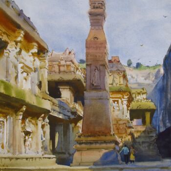 Pittura intitolato "Mountain had a Drea…" da Bhargavkumar Kulkarni, Opera d'arte originale, Acquarello