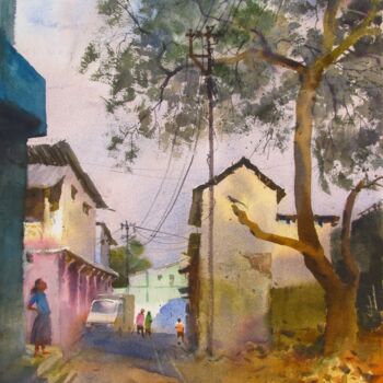 Peinture intitulée "Village lane" par Bhargavkumar Kulkarni, Œuvre d'art originale, Aquarelle