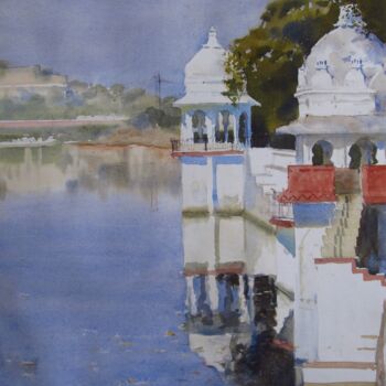 Painting titled "White city,Udaipur 2" by Bhargavkumar Kulkarni, Original Artwork, Watercolor