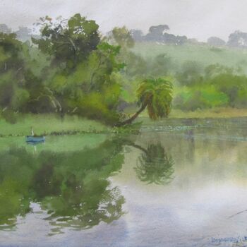 Painting titled "Lakeside in Monsoon" by Bhargavkumar Kulkarni, Original Artwork, Watercolor
