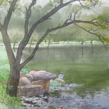 Peinture intitulée "Fishing in a rainy…" par Bhargavkumar Kulkarni, Œuvre d'art originale, Aquarelle
