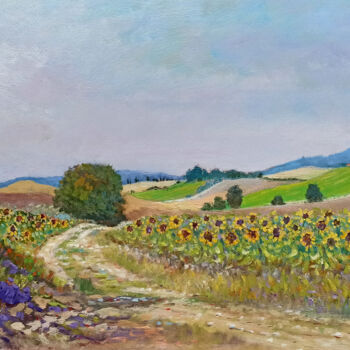 Painting titled "Sunflowers road - T…" by Biagio Chiesi, Original Artwork, Oil Mounted on Wood Panel
