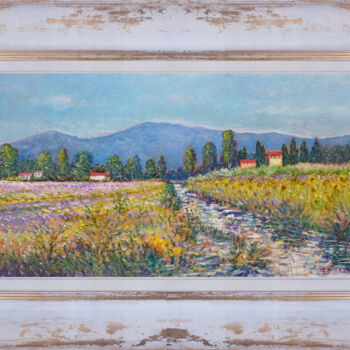 Painting titled "Flowering of sunflo…" by Biagio Chiesi, Original Artwork, Oil Mounted on Wood Panel