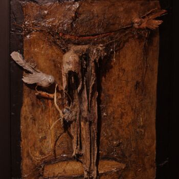 Peinture intitulée "Une guenille entre…" par Robert Blanchette, Œuvre d'art originale, Plâtre Monté sur Panneau de bois