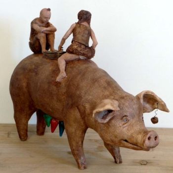 Sculpture titled "Pig Mama" by Bibi Blanchet, Original Artwork, Terra cotta
