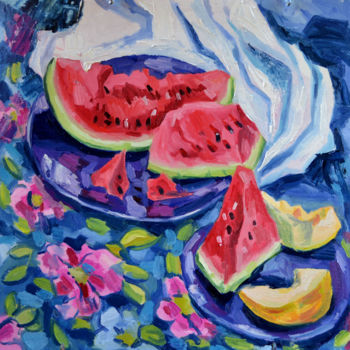 Ζωγραφική με τίτλο "watermelon" από Nataliya Novozhilova, Αυθεντικά έργα τέχνης, Λάδι Τοποθετήθηκε στο Χαρτόνι