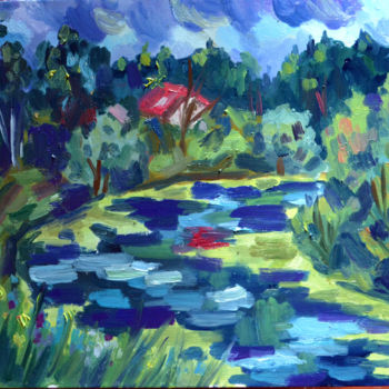 Painting titled "river" by Nataliya Novozhilova, Original Artwork, Oil Mounted on Cardboard