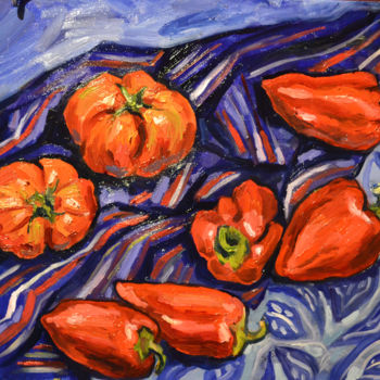 Malerei mit dem Titel "peppers" von Nataliya Novozhilova, Original-Kunstwerk, Öl Auf Karton montiert