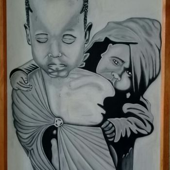 Peinture intitulée "criança com criança" par Leidito Penga, Œuvre d'art originale