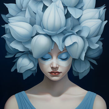 Digitale Kunst getiteld "Blue Flower Head Gi…" door Bilge Paksoylu, Origineel Kunstwerk, AI gegenereerde afbeelding