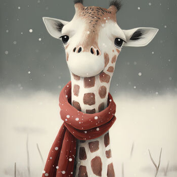 Digitale Kunst getiteld "Giraffe in Winter 1" door Bilge Paksoylu, Origineel Kunstwerk, AI gegenereerde afbeelding