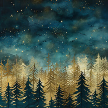 Digitale Kunst getiteld "Teal and Gold Forest" door Bilge Paksoylu, Origineel Kunstwerk, AI gegenereerde afbeelding