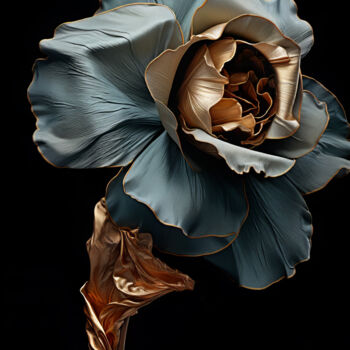 Digital Arts titled "Blue Gold Flower" by Bilge Paksoylu, Original Artwork, AI generated image