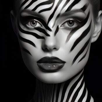 Digital Arts titled "Zebra Girl Portrait" by Bilge Paksoylu, Original Artwork, AI generated image