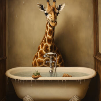 Digitale Kunst getiteld "Giraffe in Bathroom…" door Bilge Paksoylu, Origineel Kunstwerk, AI gegenereerde afbeelding