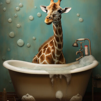 Digitale Kunst getiteld "Giraffe in bathroom" door Bilge Paksoylu, Origineel Kunstwerk, AI gegenereerde afbeelding