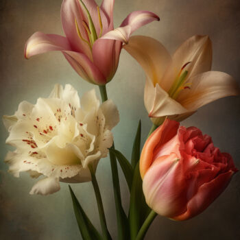 Arts numériques intitulée "Vintage Soft Flower…" par Bilge Paksoylu, Œuvre d'art originale, Image générée par l'IA