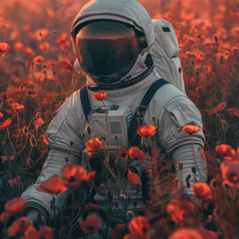 Digital Arts titled "Astronaut in poppies" by Bilge Paksoylu, Original Artwork, AI generated image