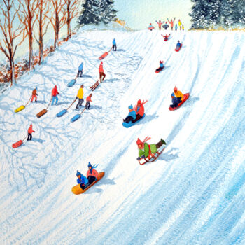 Painting titled "Snow Day Sledging" by Bill Holkham, Original Artwork, Watercolor