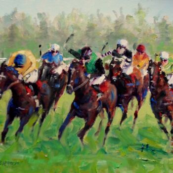 Painting titled "Horse Racing, Galwa…" by Bill O'Brien, Original Artwork, Oil Mounted on Cardboard