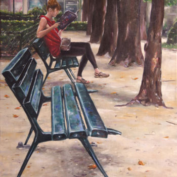 Painting titled "Square du Commerce…" by Bisson-Serian, Original Artwork, Oil Mounted on Wood Stretcher frame