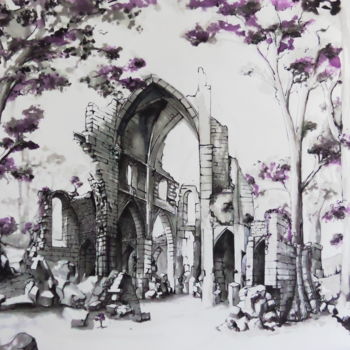 Dessin intitulée "Cathedrale - ruines…" par Arno Rodicq, Œuvre d'art originale, Encre