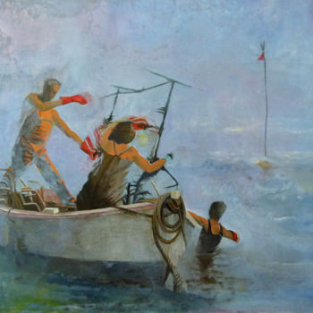 Painting titled "LES PÊCHEURS" by Bivan, Original Artwork, Acrylic Mounted on Wood Stretcher frame
