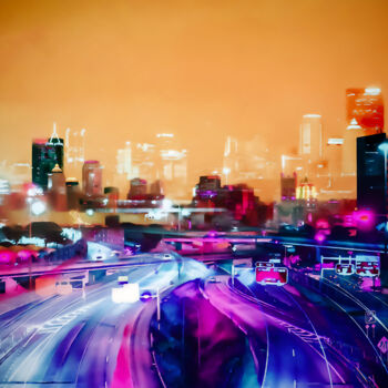 Printmaking titled "Neon City" by Lewis Freitag, Original Artwork, Digital Print Mounted on Wood Stretcher frame