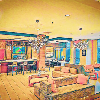 Printmaking titled "HILTON BAR" by Lewis Freitag, Original Artwork, Digital Print Mounted on Wood Stretcher frame