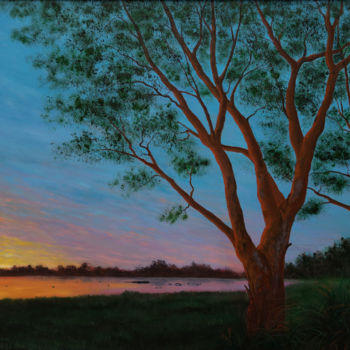 Painting titled "Sunset over pond" by Adrian Blag, Original Artwork, Oil Mounted on Wood Panel