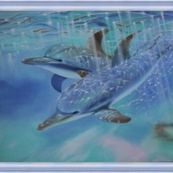 Painting titled "Magic dolphins" by Elena Rakova, Original Artwork, Oil