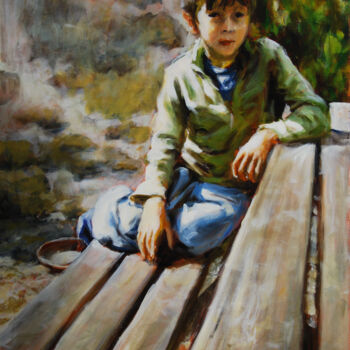 Painting titled "L'enfant sur le banc" by Blanche Bérat, Original Artwork, Acrylic