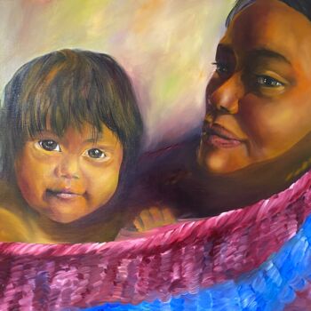 Painting titled "enfant du Cambodge" by Patricia Blanchet-Olivier, Original Artwork, Oil Mounted on Wood Stretcher frame