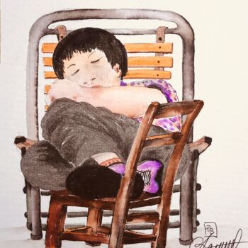 Schilderij getiteld "la sieste" door Patricia Blanchet-Olivier, Origineel Kunstwerk, Aquarel Gemonteerd op Karton