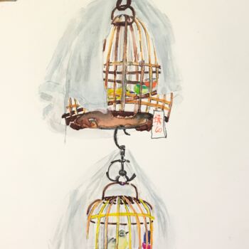Painting titled "Cages à oiseaux" by Patricia Blanchet-Olivier, Original Artwork, Ink Mounted on Other rigid panel