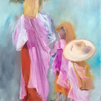 Painting titled "Nonnes, Birmanie" by Patricia Blanchet-Olivier, Original Artwork, Oil Mounted on Wood Stretcher frame