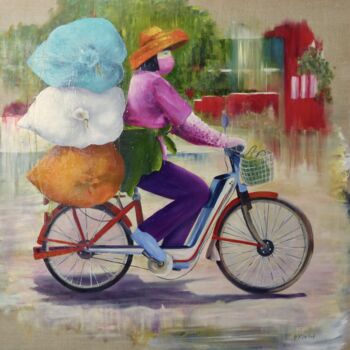 Painting titled "mobylette ou la liv…" by Patricia Blanchet-Olivier, Original Artwork, Oil Mounted on Wood Stretcher frame