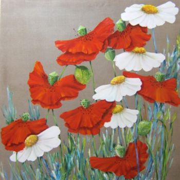 Peinture intitulée "coquelicots et marg…" par Patricia Blanchet-Olivier, Œuvre d'art originale, Huile Monté sur Châssis en b…