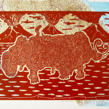 Gravures & estampes intitulée "RHINOCÉROS" par Bruno Laxague, Œuvre d'art originale, Linogravures