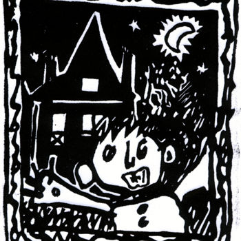 Prenten & gravures getiteld "À OLORON À MI-NUIT" door Bruno Laxague, Origineel Kunstwerk, Linosnede
